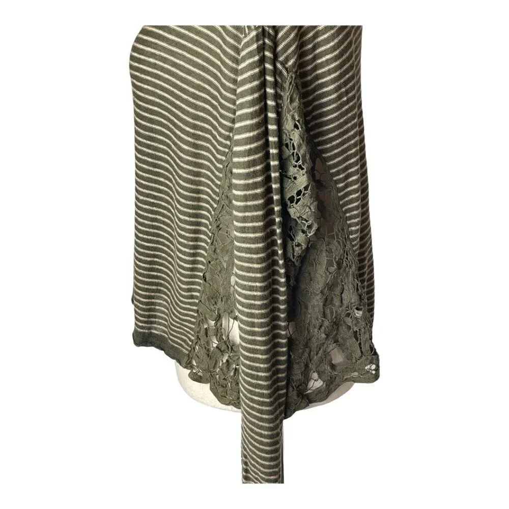 Free People Olive Green Stripe Crochet Sides Linen Blend Long Sleeve Top Size XS